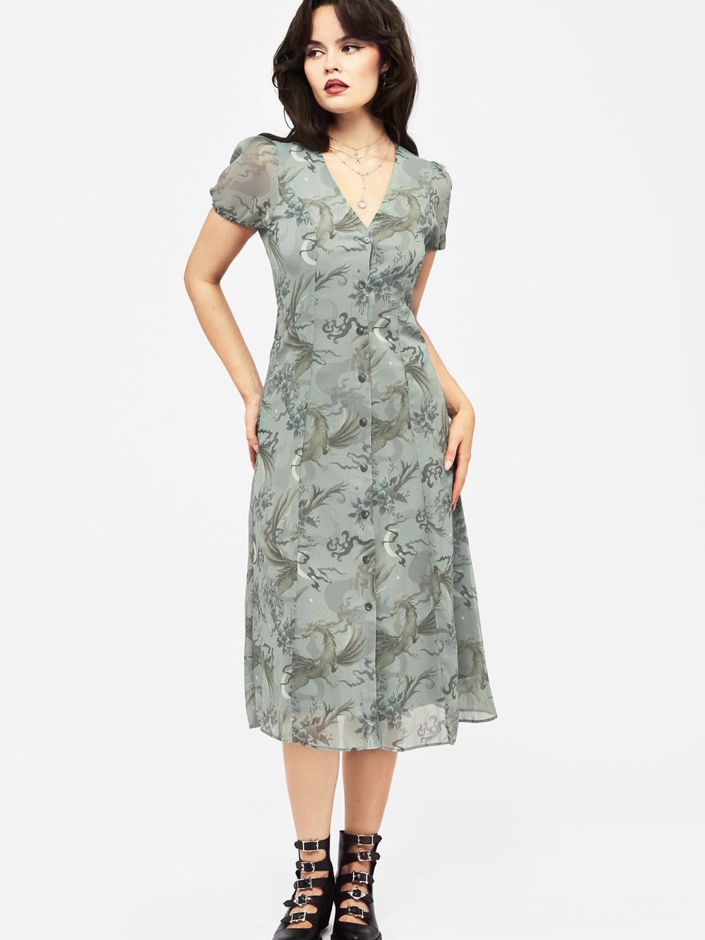 🐉🌙 Disturbia Sapphira Dragon Print Chiffon Midi Dress – US 8 🌙🐉